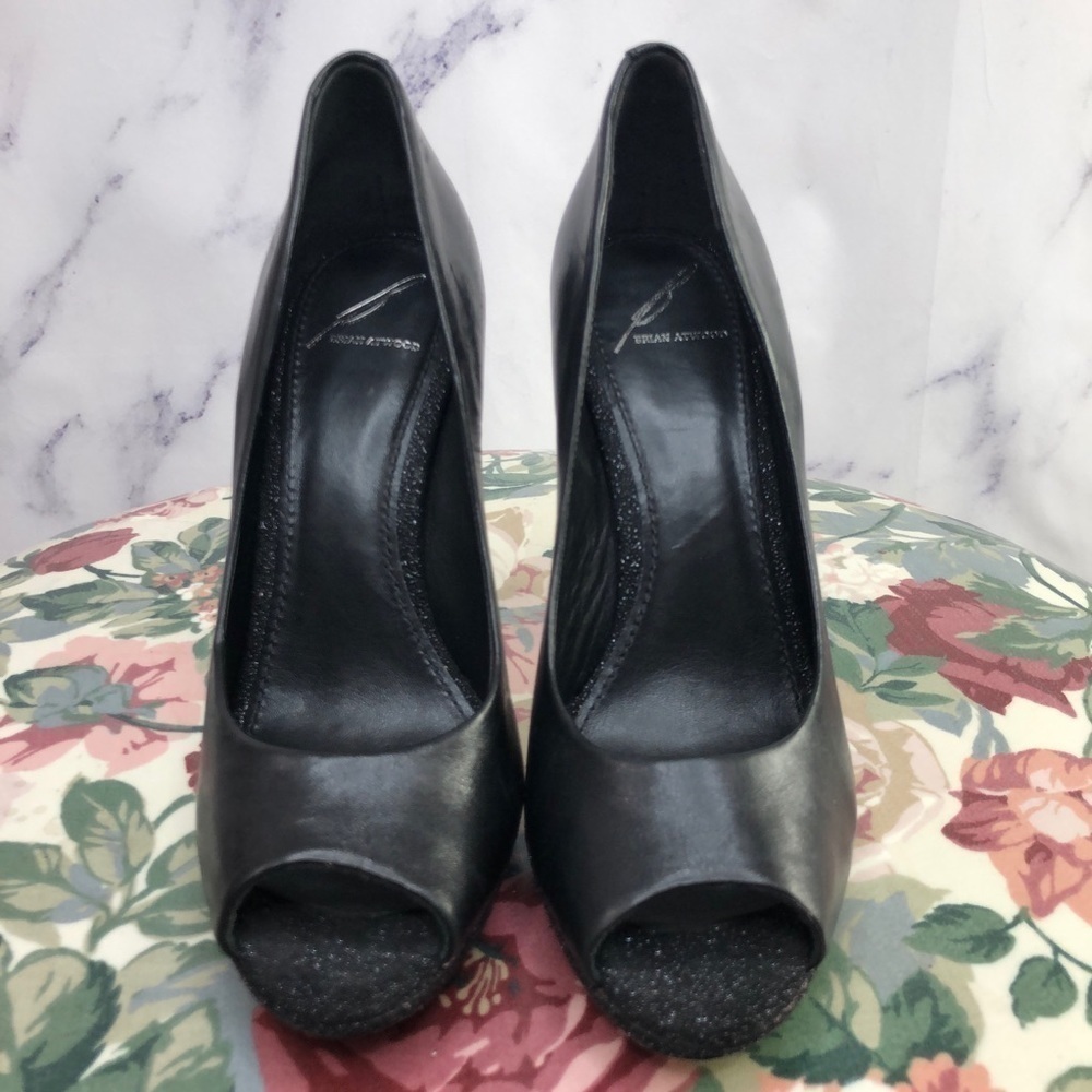 Brian Atwood | “Fevora” Sparkle Platform Peep-Toe | Black | Sz 7 / 37